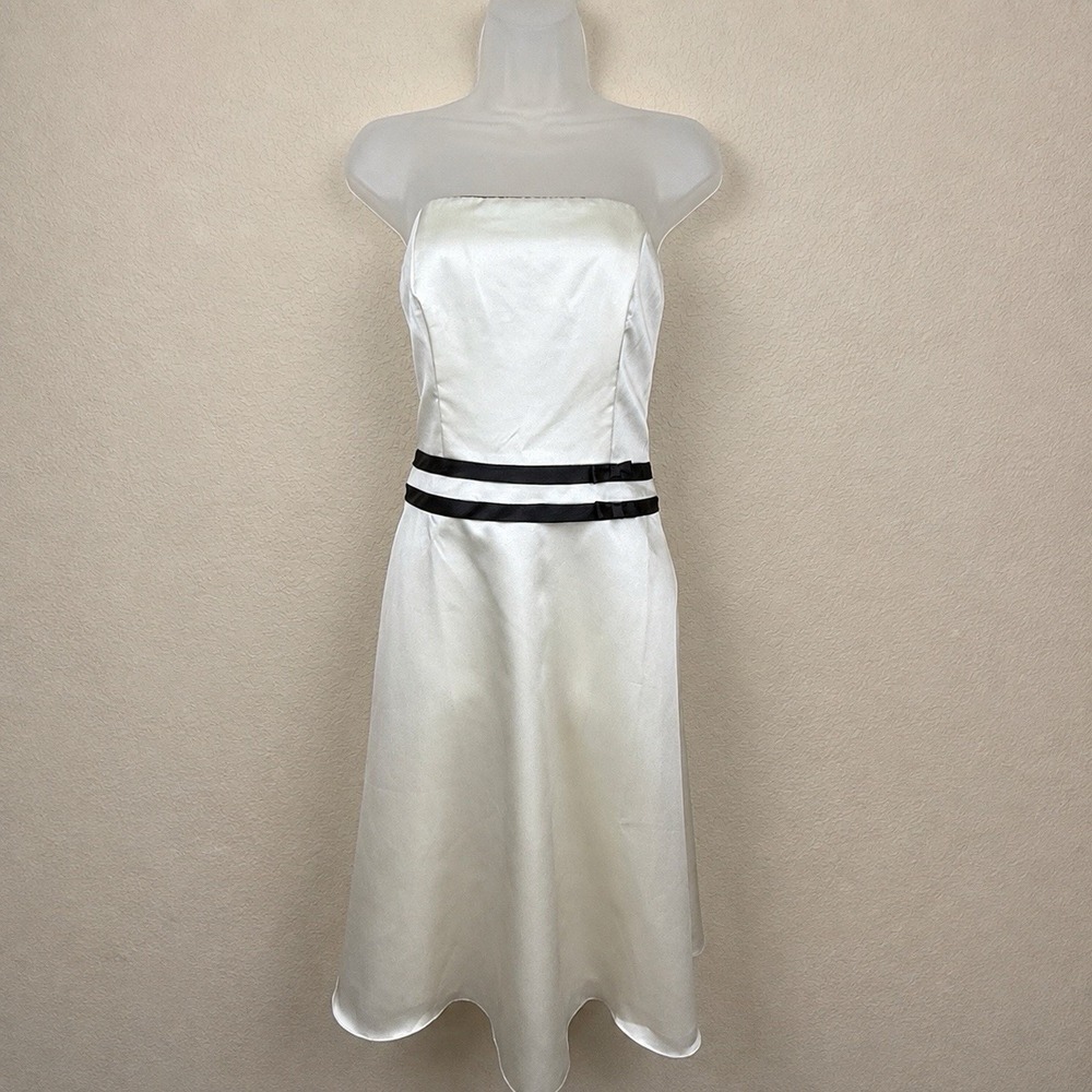 Y2K Formal Teeze Me Ivory Satin Black Bow Strapless Hoco Midi Dress Glam Sz 6